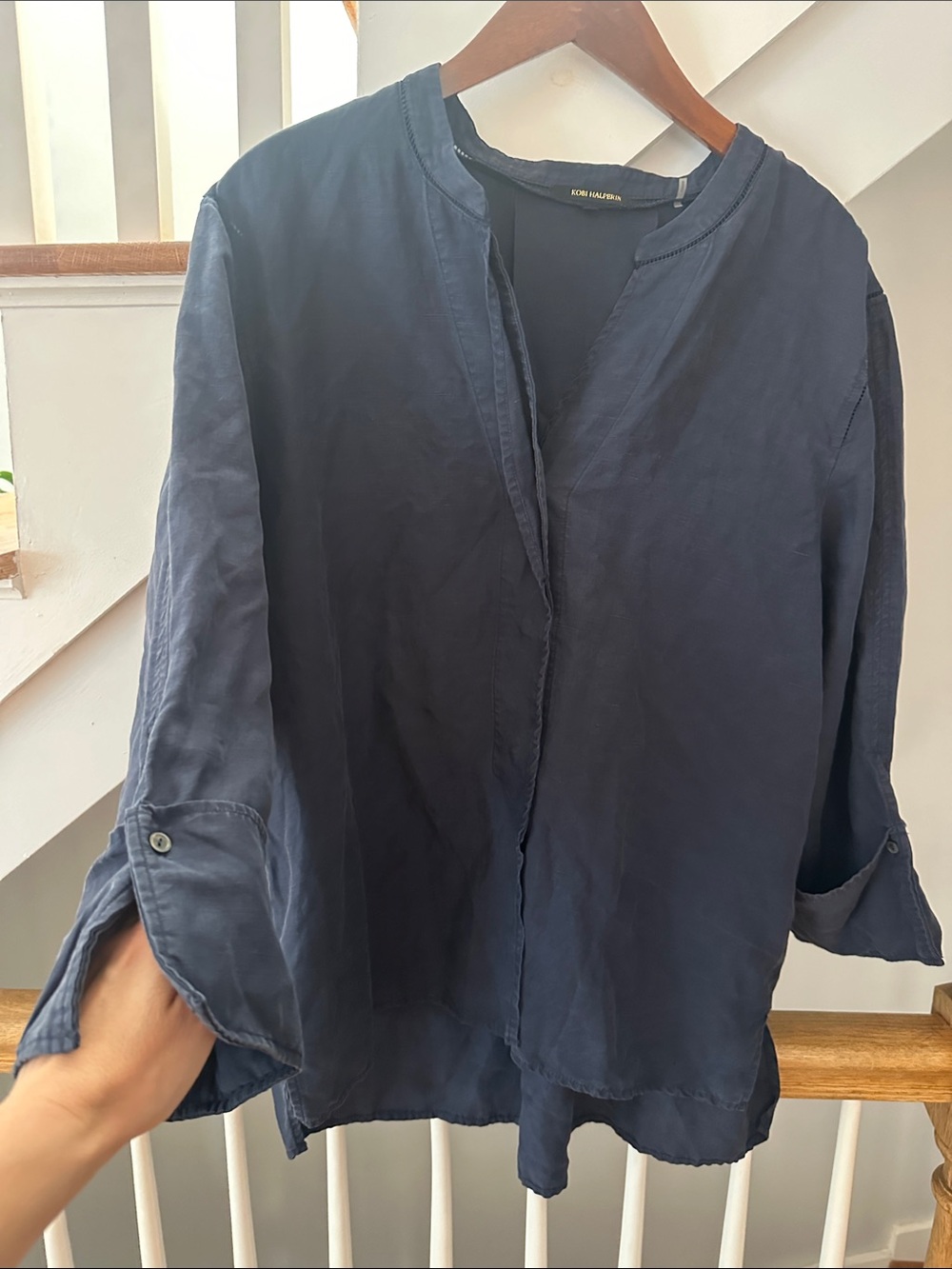 Kobi Halperin Navy Collarless Long-Sleeve Button-Down Shirt